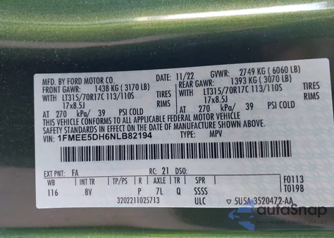 2022 Ford Bronco Badlands from USA, damaged, VIN 1FMEE5DH6NLB82194